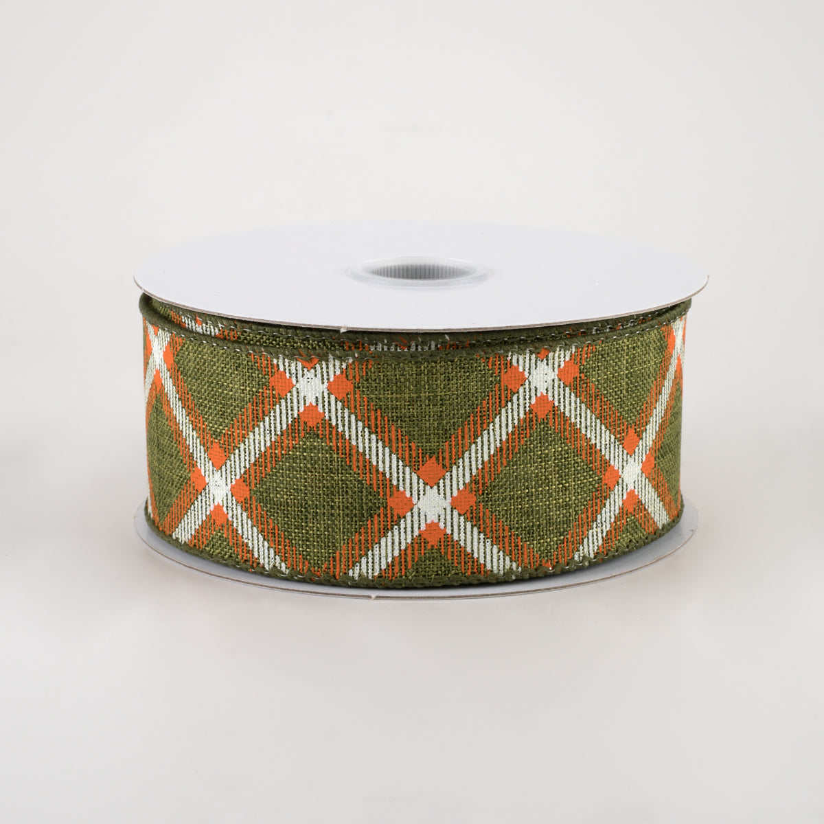 1.5" Linen Asher Plaid Ribbon: Moss, Orange & White (10 Yards)