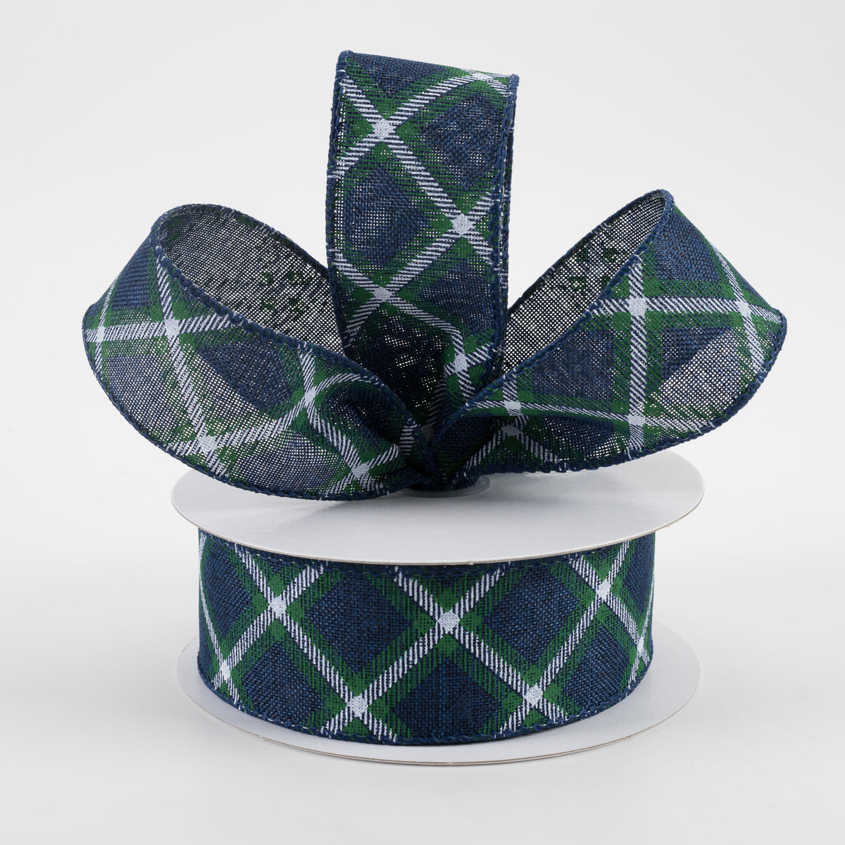 1.5" Linen Asher Plaid Ribbon: Navy, White, Green (10 Yards) Lifestyle Photo