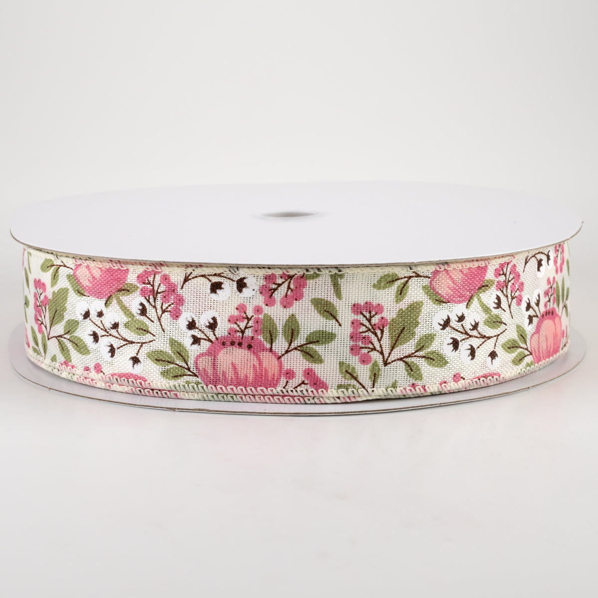 1.5" Linen Blush Peonies & Cotton Ribbon: Ivory (50 Yards)