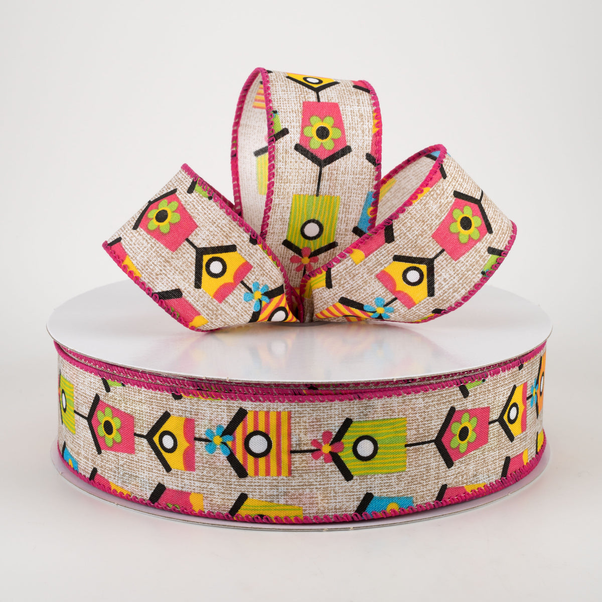 1.5" Linen Bright Birdhouses Ribbon: Natural (50 Yards) Lifestyle Photo
