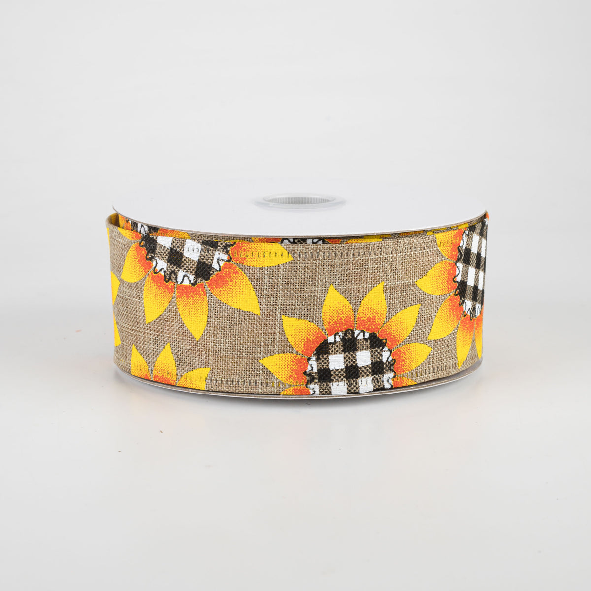 1.5" Linen Buffalo Plaid Sunflower Ribbon: Natural (10 Yards)