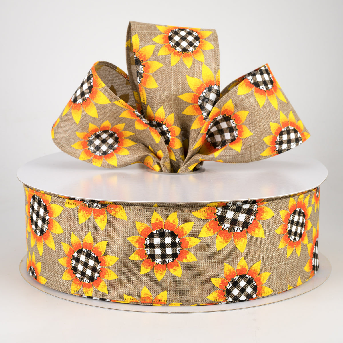 2.5" Linen Buffalo Plaid Sunflower Ribbon: Natural (50 Yards) Lifestyle Photo