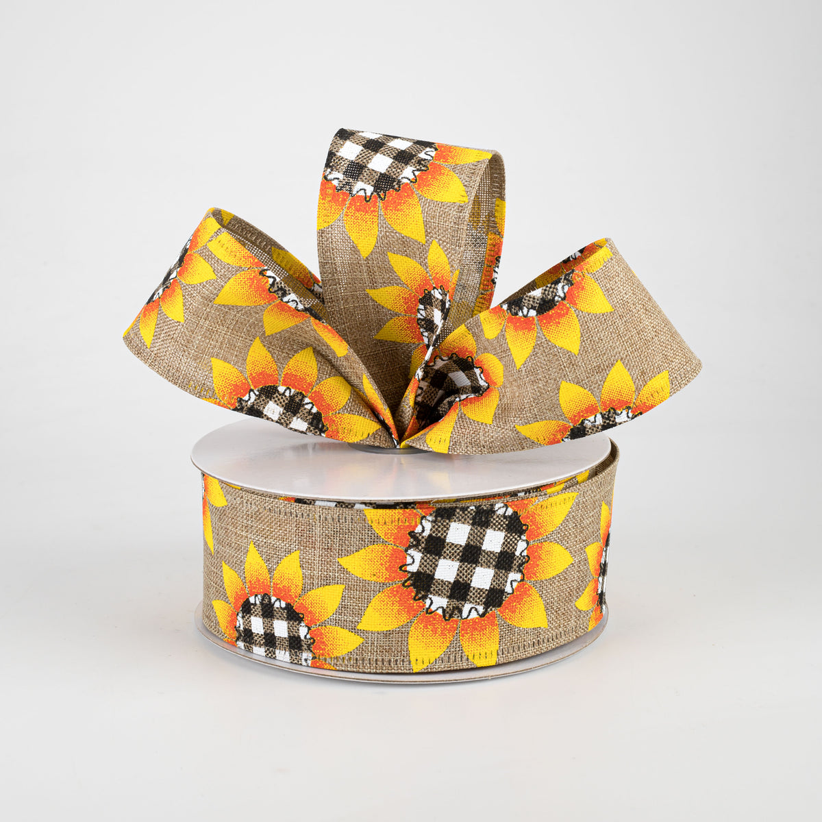 1.5" Linen Buffalo Plaid Sunflower Ribbon: Natural (10 Yards) Lifestyle Photo