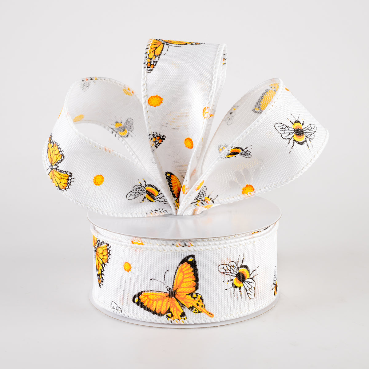 1.5" Linen Butterflies, Bees and Daisies Ribbon: White (10 Yards) Lifestyle Photo