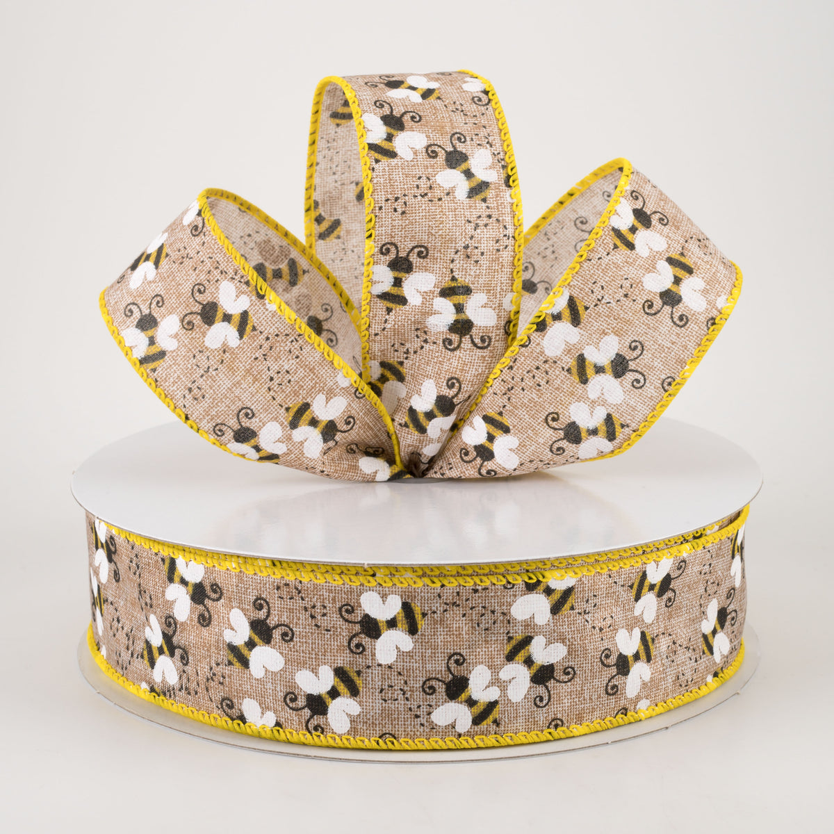 1.5" Linen Buzzing Bees Ribbon: Natural (50 Yards) Lifestyle Photo