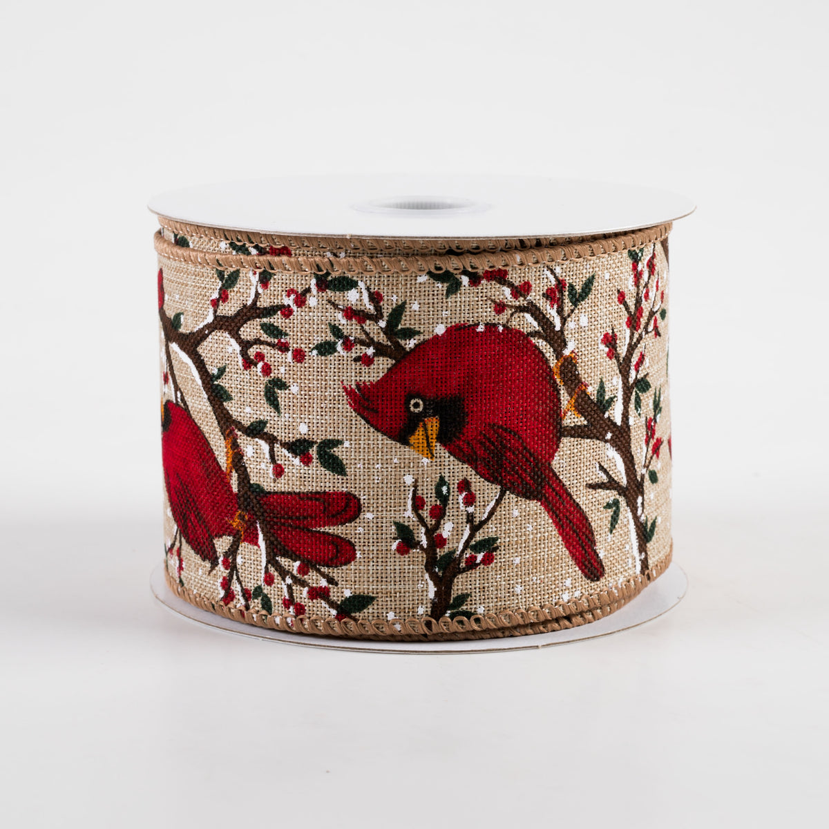 2.5" Linen Cardinals Snowy Tree Branches Ribbon: Natural (10 Yards) Item Number: 71315-40-12
