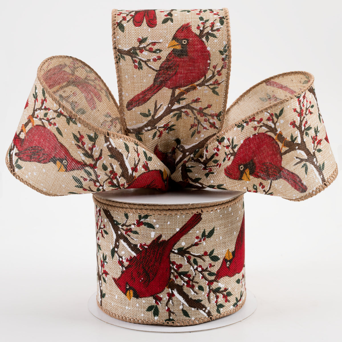 2.5" Linen Cardinals Snowy Tree Branches Ribbon: Natural (10 Yards) Lifestyle Photo