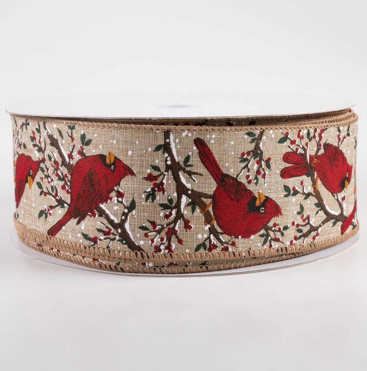 2.5" Linen Cardinals Snowy Tree Branches Ribbon: Natural (50 Yards)