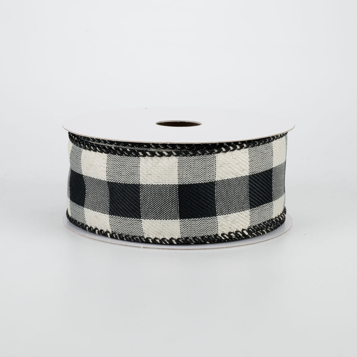 1.5" Linen Check Buffalo Plaid Ribbon: Black & Ivory (10 Yards)