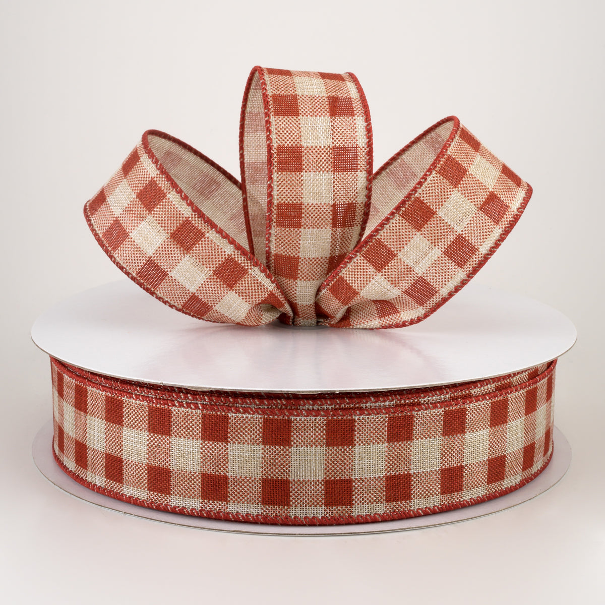 1.5" Linen Check Plaid Ribbon: Rust on Natural (50 Yards) Lifestyle Photo