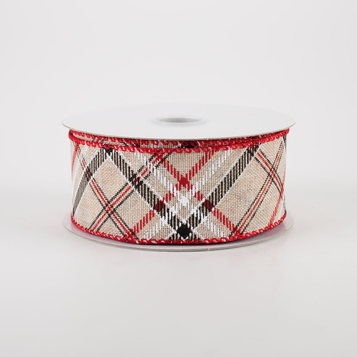 1.5" Linen Diagonal Plaid Ribbon: Beige & Red (10 Yards)
