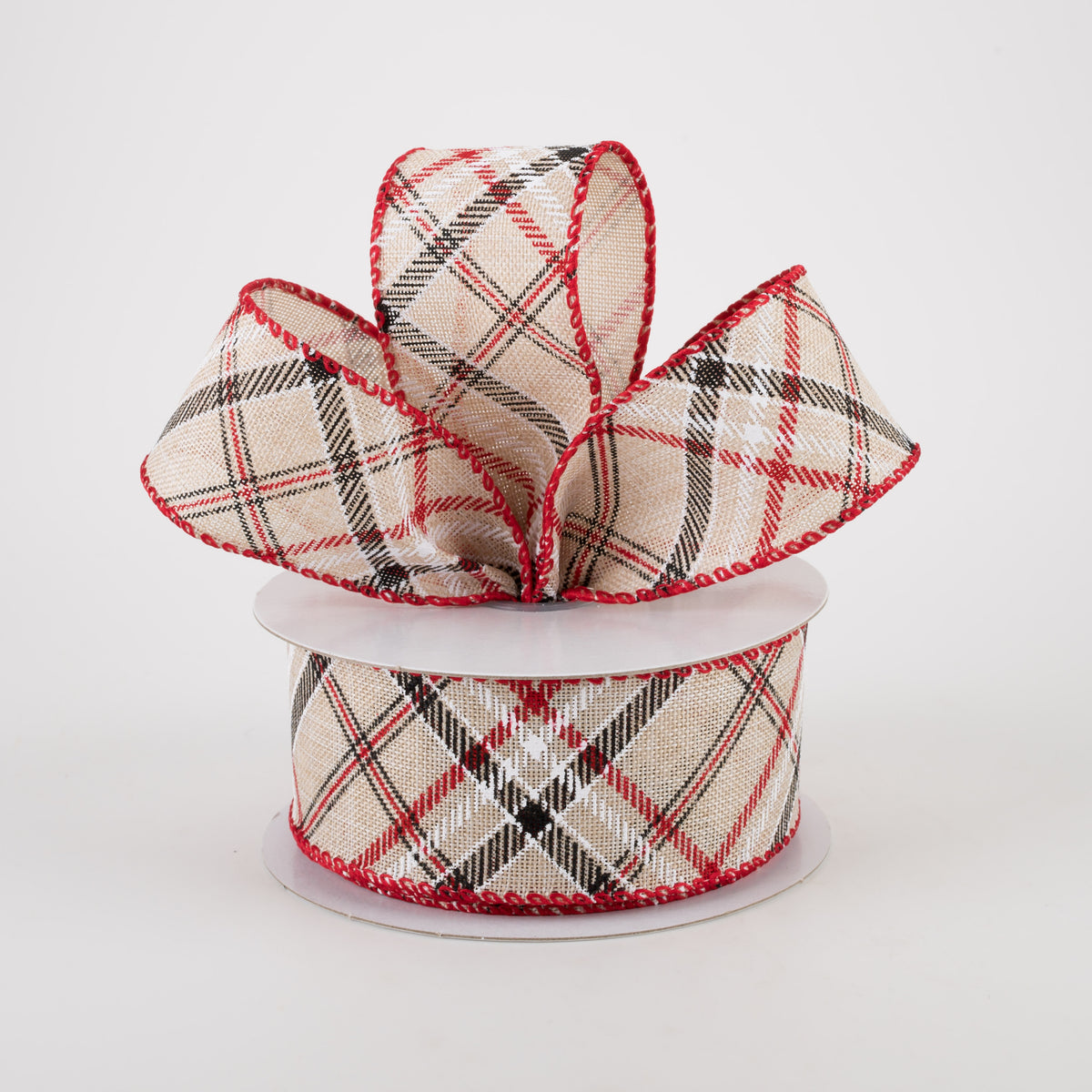 1.5" Linen Diagonal Plaid Ribbon: Beige & Red (10 Yards) Lifestyle Photo