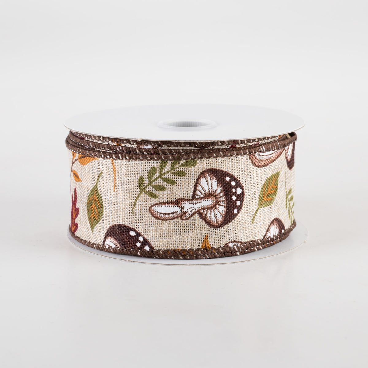 1.5" Linen Earthy Fall Mushrooms Ribbon: Natural (10 Yards) Item Number: 61411-09-15