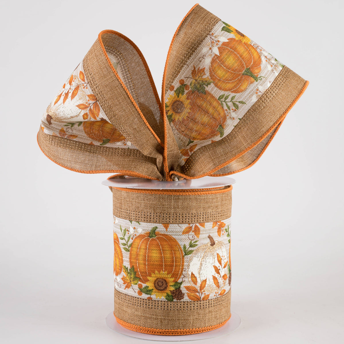 4" Linen Edge Pumpkins & Sunflowers Ribbon: Natural (10 Yards) Lifestyle Photo