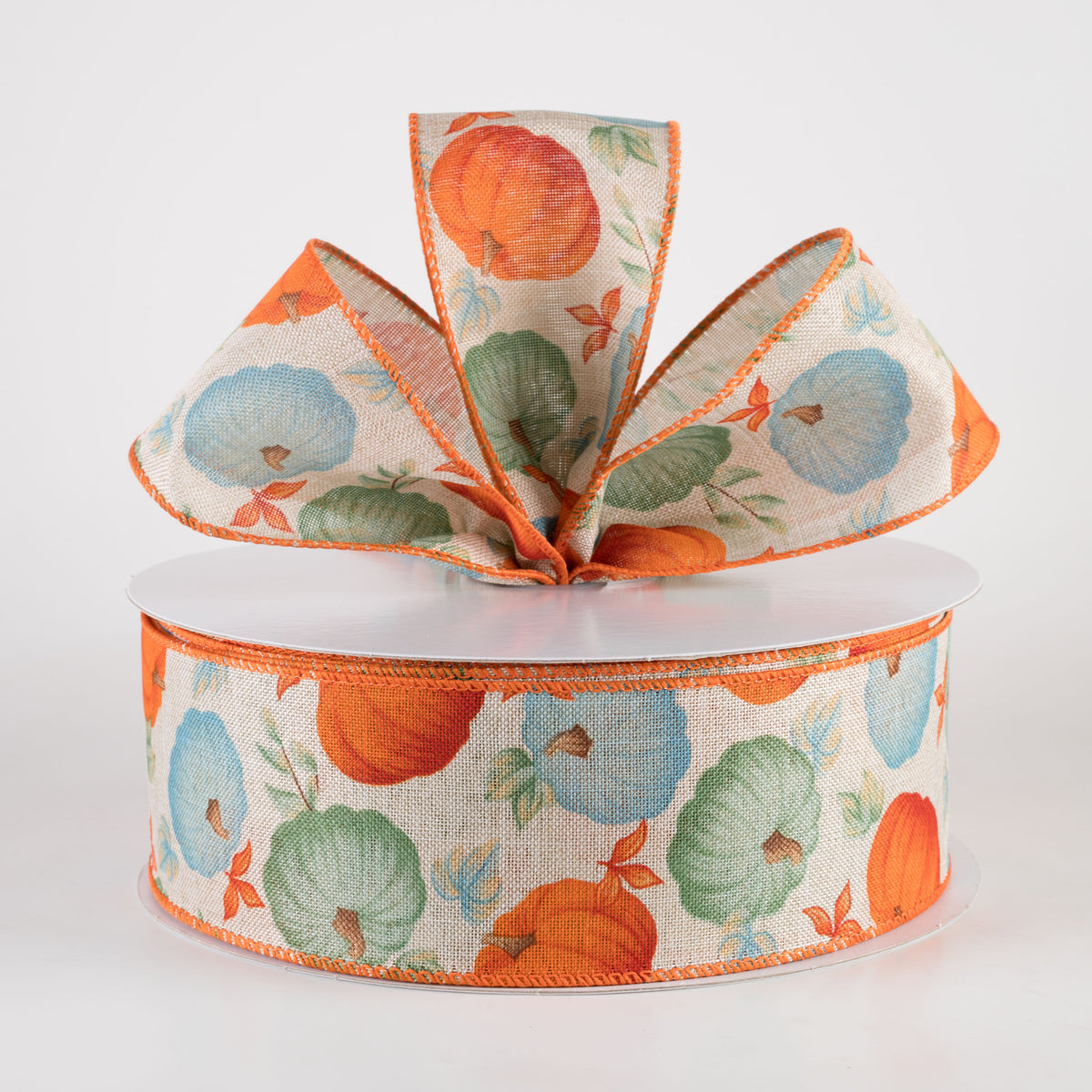 2.5" Linen Fall Pumpkins Ribbon: Orange & Teal on Natural (50 Yards) Lifestyle Photo