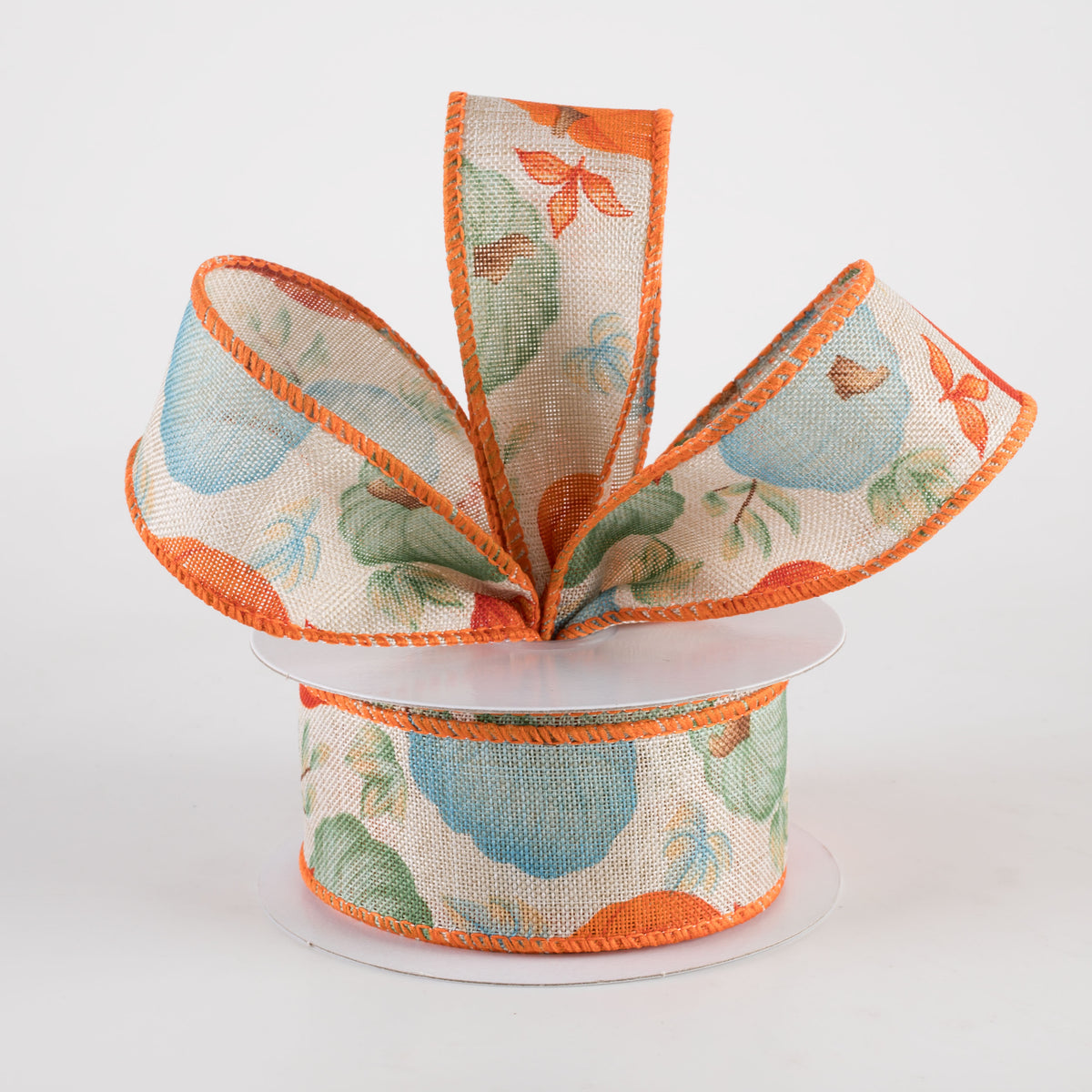 1.5" Linen Fall Pumpkins Ribbon: Orange & Teal on Natural (10 Yards) Lifestyle Photo