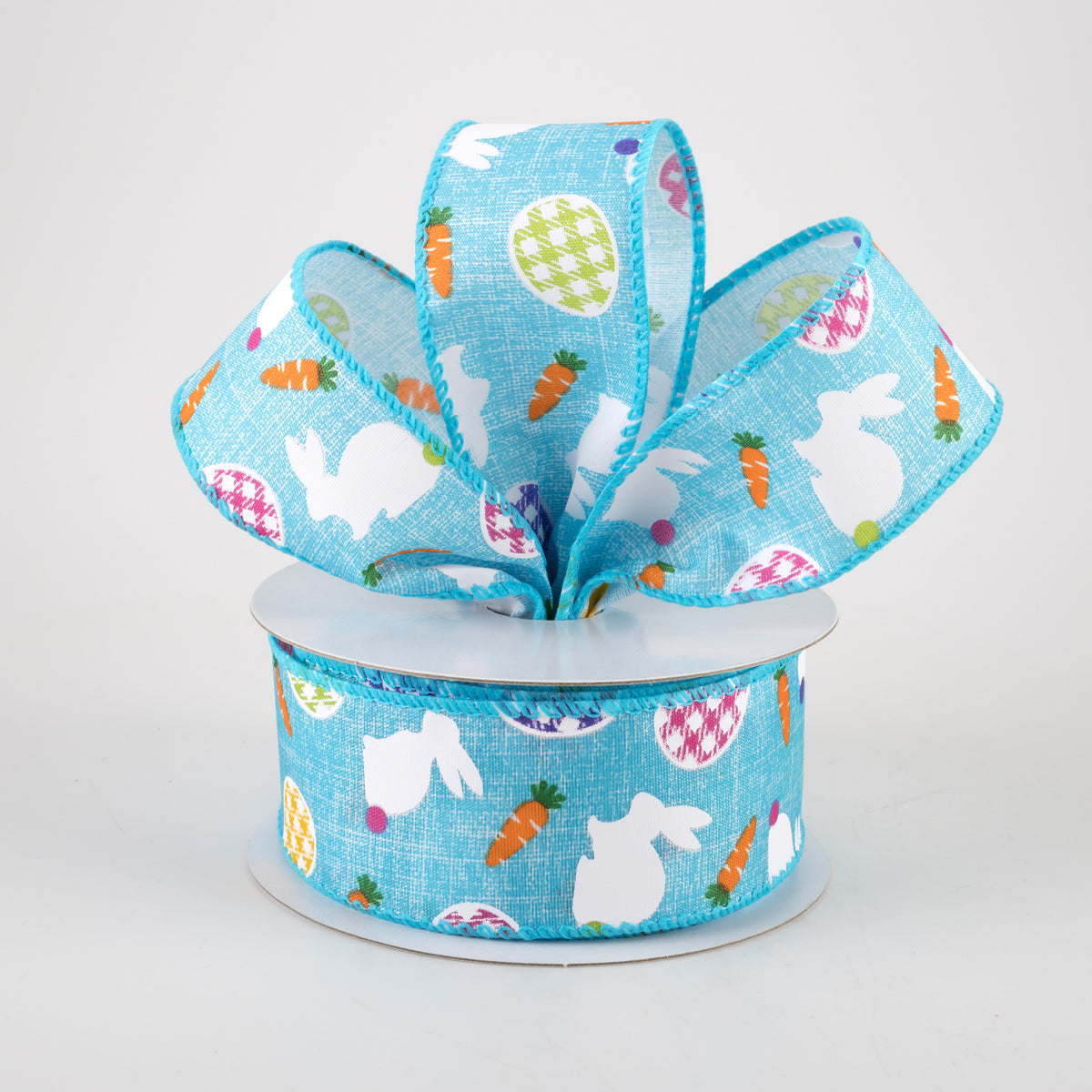 1.5" Linen Gingham Eggs and Bunnies Ribbon: Aqua Blue (10 Yards) Lifestyle Photo