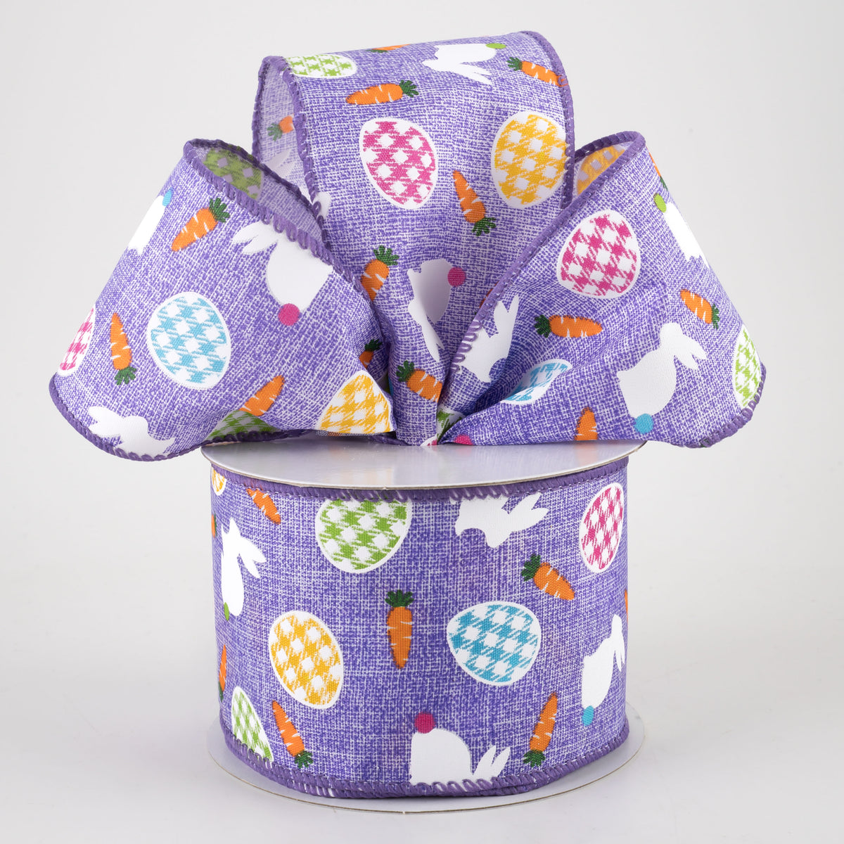 2.5" Linen Gingham Eggs and Bunnies Ribbon: Lavender (10 Yards) Lifestyle Photo
