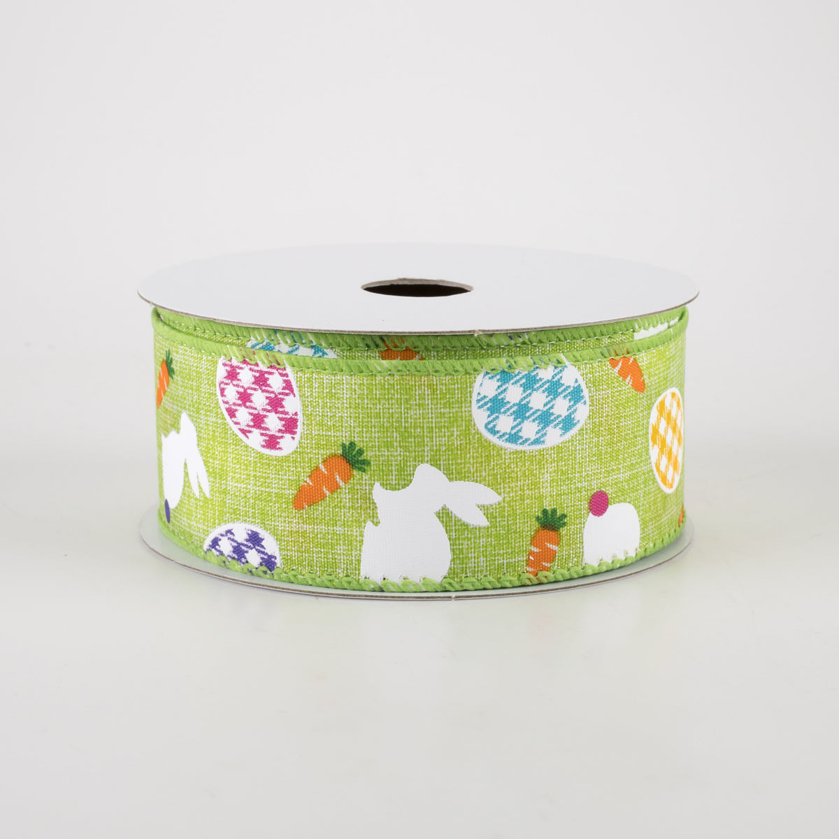 1.5" Linen Gingham Eggs and Bunnies Ribbon: Lime (10 Yards) Item Number: 31217-09-09