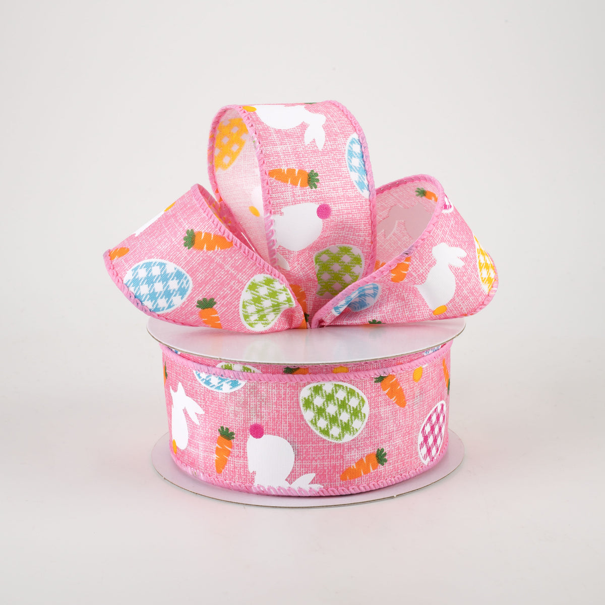 1.5" Linen Gingham Eggs and Bunnies Ribbon: Pink (10 Yards) Lifestyle Photo