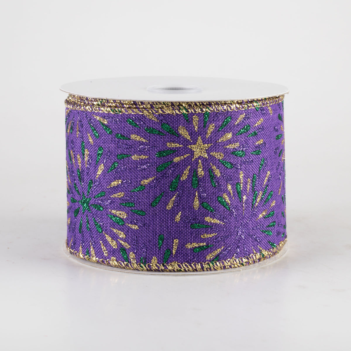 2.5" Linen Glittered Starbusts Ribbon: Mardi Gras (10 Yards) Item Number: 72426-40-48