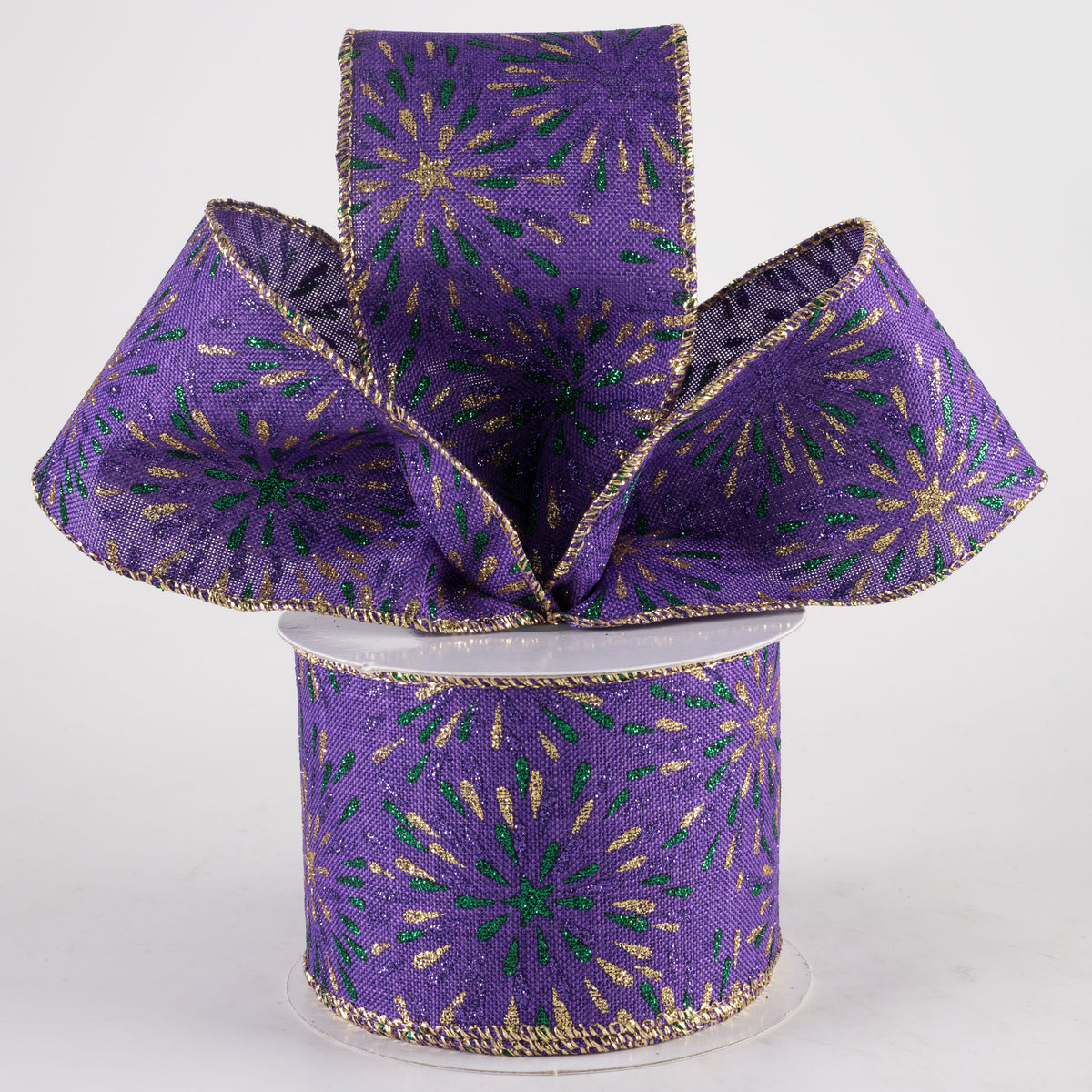 2.5" Linen Glittered Starbusts Ribbon: Mardi Gras (10 Yards) Lifestyle Photo