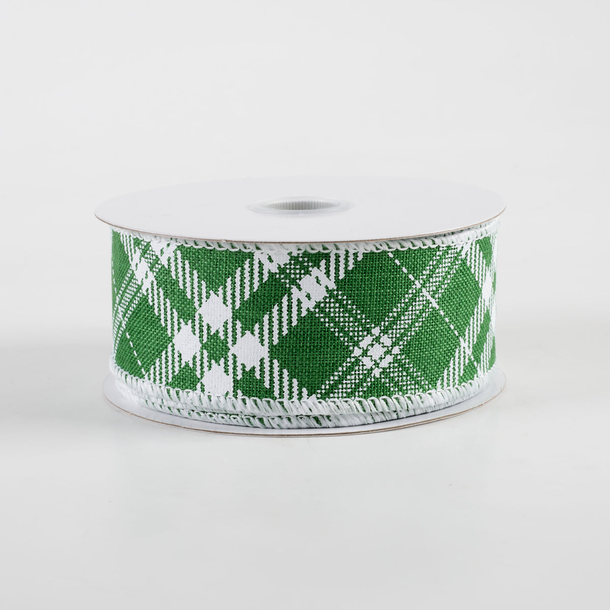 1.5" Linen Hazel Diagonal Plaid Ribbon: Green (10 Yards)