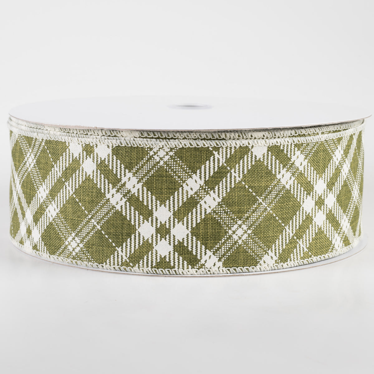 2.5" Linen Hazel Diagonal Plaid Ribbon: Moss Green (50 Yards)