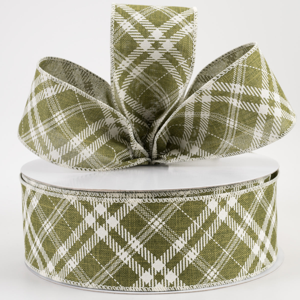 2.5" Linen Hazel Diagonal Plaid Ribbon: Moss Green (50 Yards) Lifestyle Photo