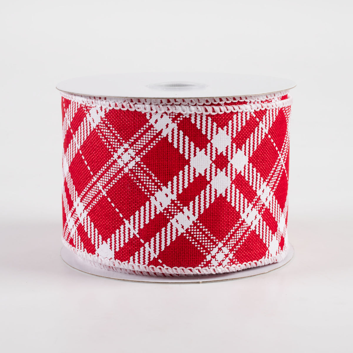 2.5" Linen Hazel Diagonal Plaid Ribbon: Red (10 Yards)