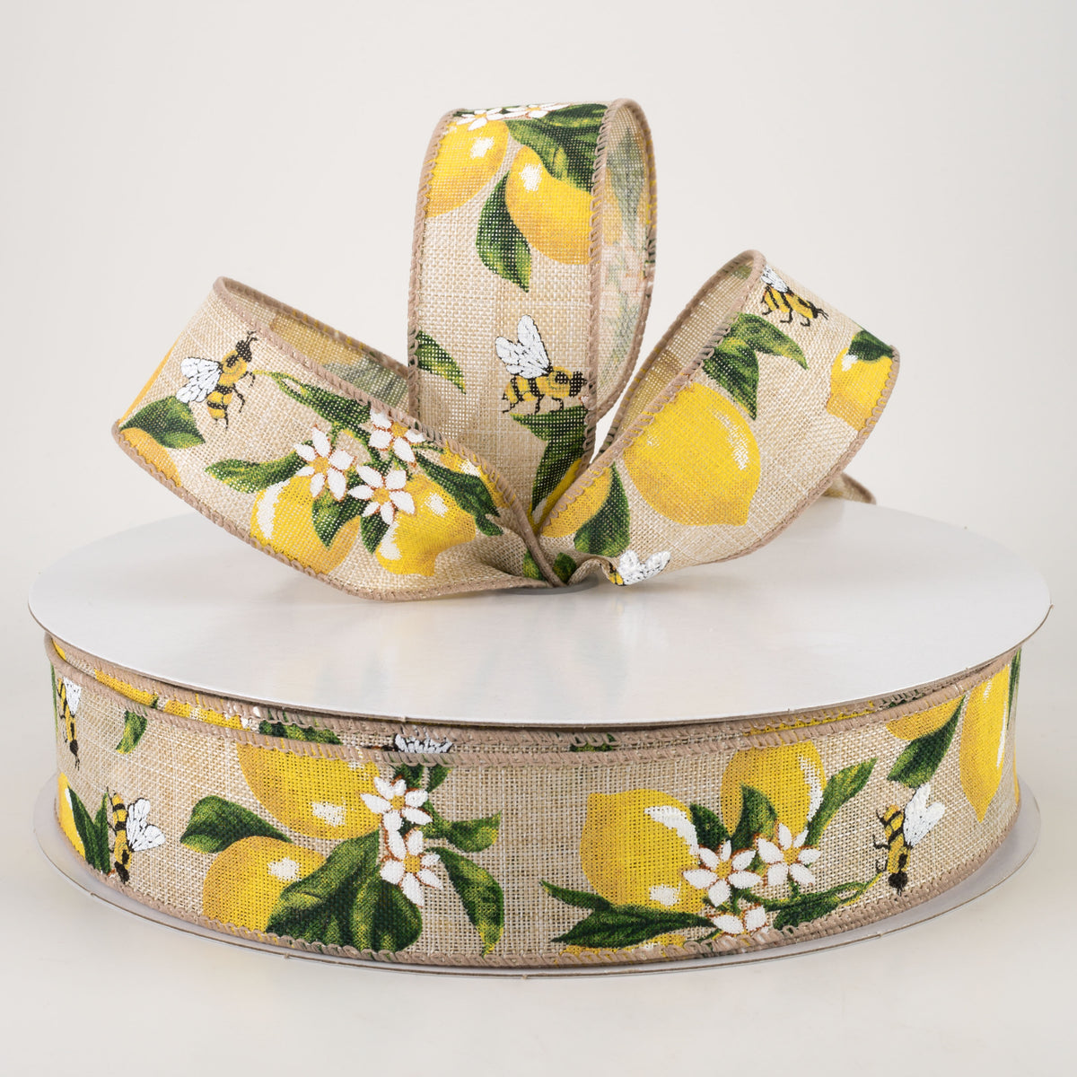 1.5" Linen Lemons & Bees Ribbon: Natural (50 Yards) Lifestyle Photo
