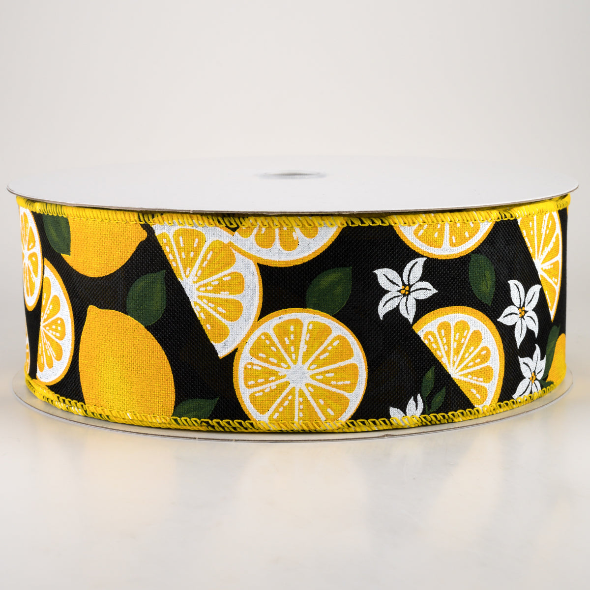 2.5" Linen Lemons & Flowers Ribbon: Black (50 Yards) Item Number: 841-40-220