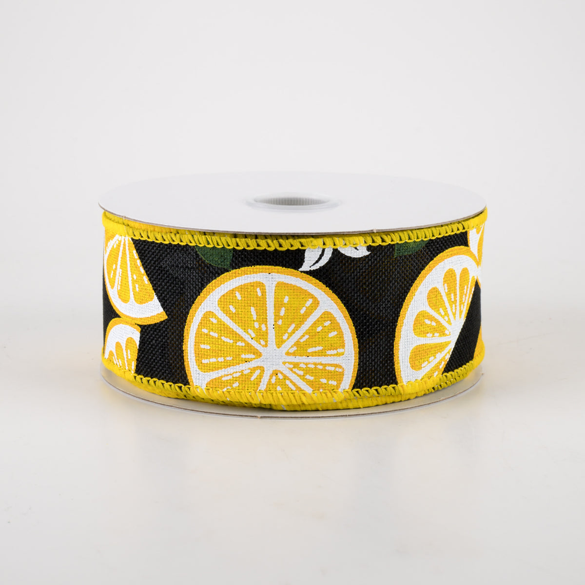1.5" Linen Lemons & Flowers Ribbon: Black (10 Yards)