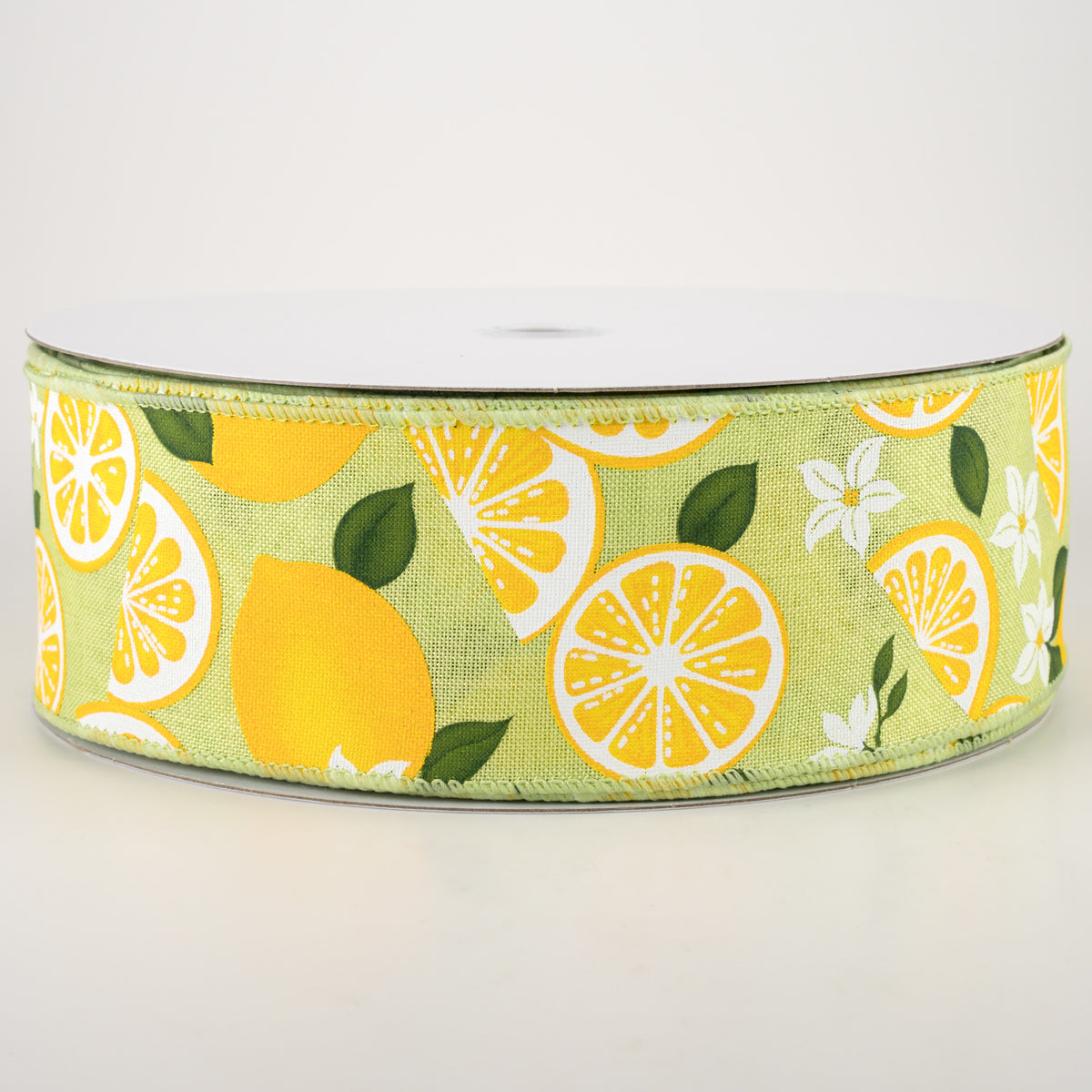 2.5" Linen Lemons & Flowers Ribbon: Lime Green (50 Yards)