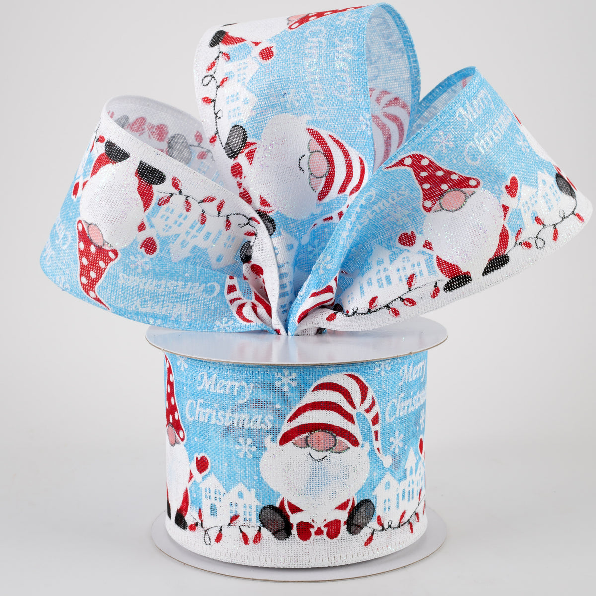 2.5" Linen Merry Christmas Gnomes Ribbon: Light Blue (10 Yards) Lifestyle Photo