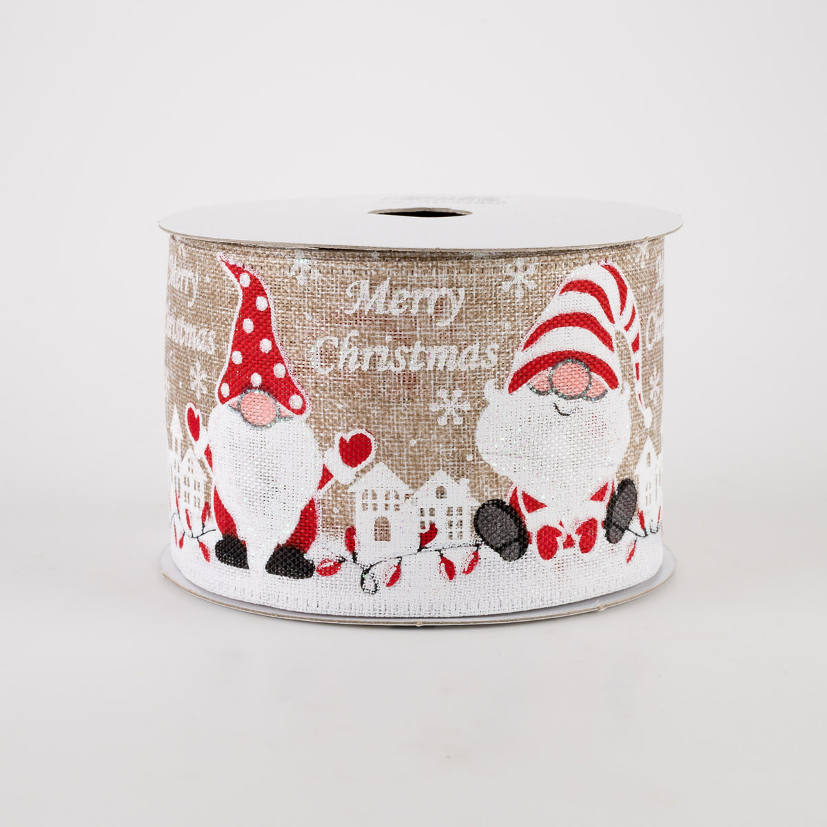 2.5" Linen Merry Christmas Gnomes Ribbon: Natural (10 Yards) Item Number: 75114-40-15