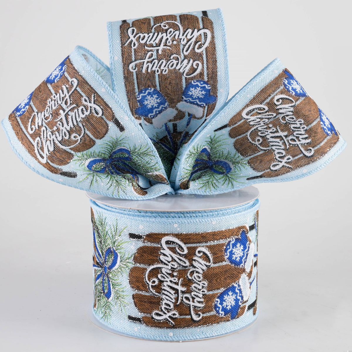 2.5" Linen Merry Christmas Sled & Mittens Ribbon: Light Blue (10 Yards) Lifestyle Photo
