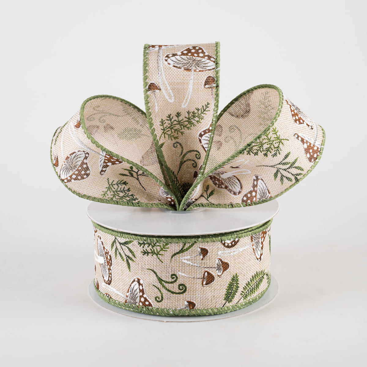 1.5" Linen Mushrooms & Ferns Ribbon (10 Yards) Lifestyle Photo