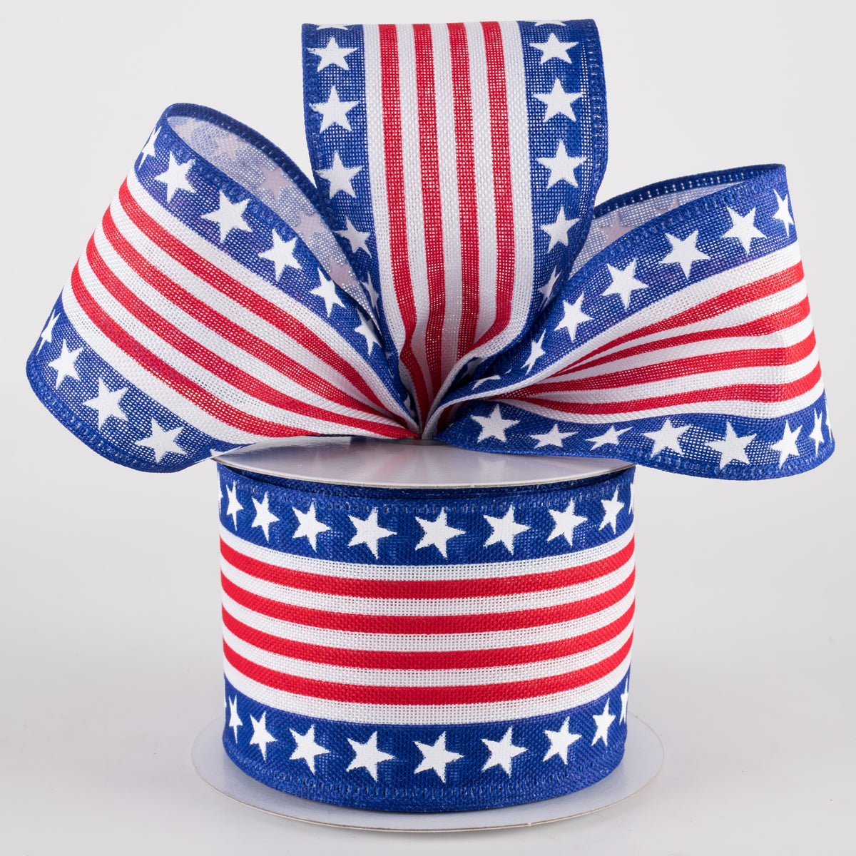 2.5" Linen Patriotic Stars & Cabana Stripes Ribbon: White (10 Yards) Lifestyle Photo