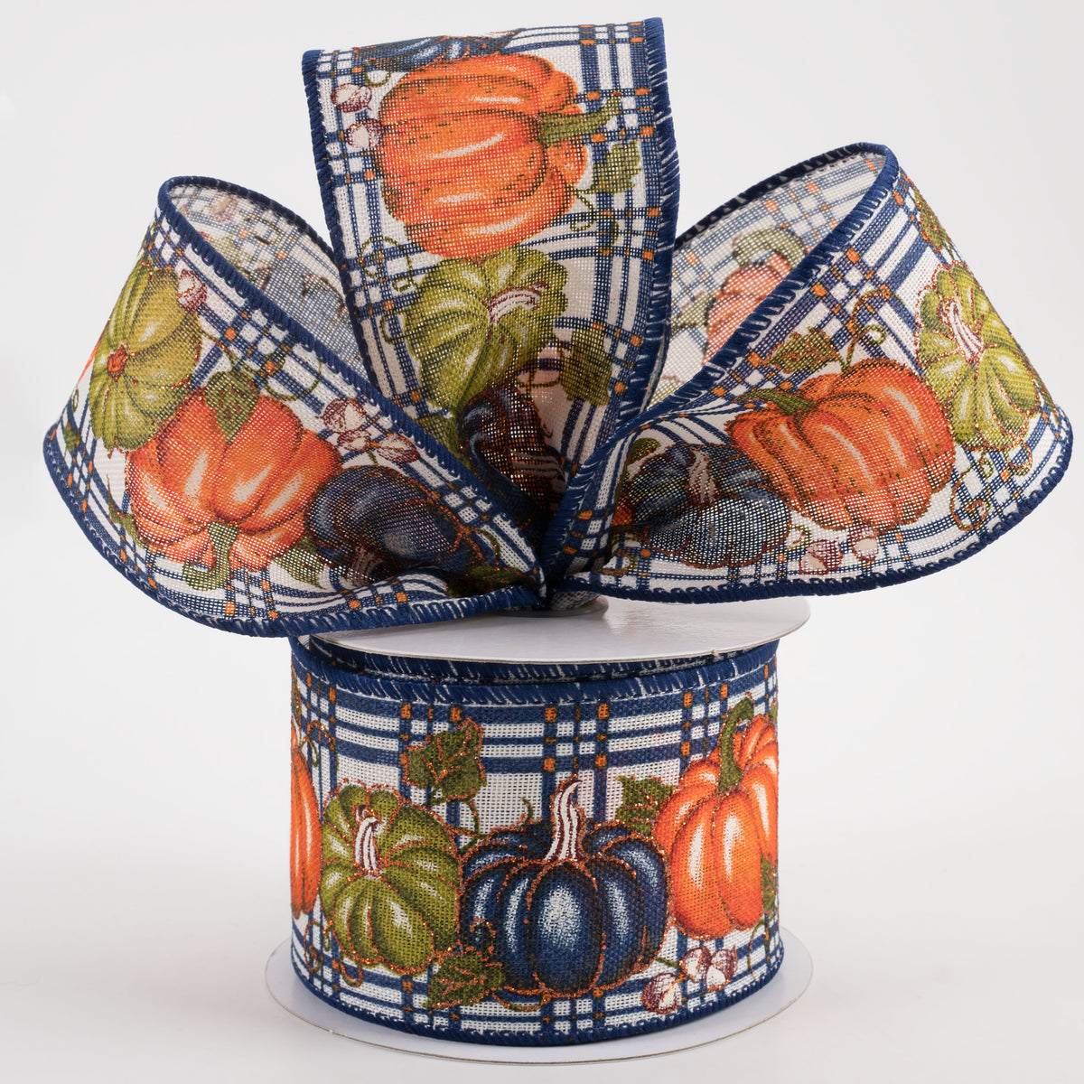 2.5" Linen Plaid Pumpkins Ribbon: Orange, Moss, Navy Blue (10 Yards) Lifestyle Photo