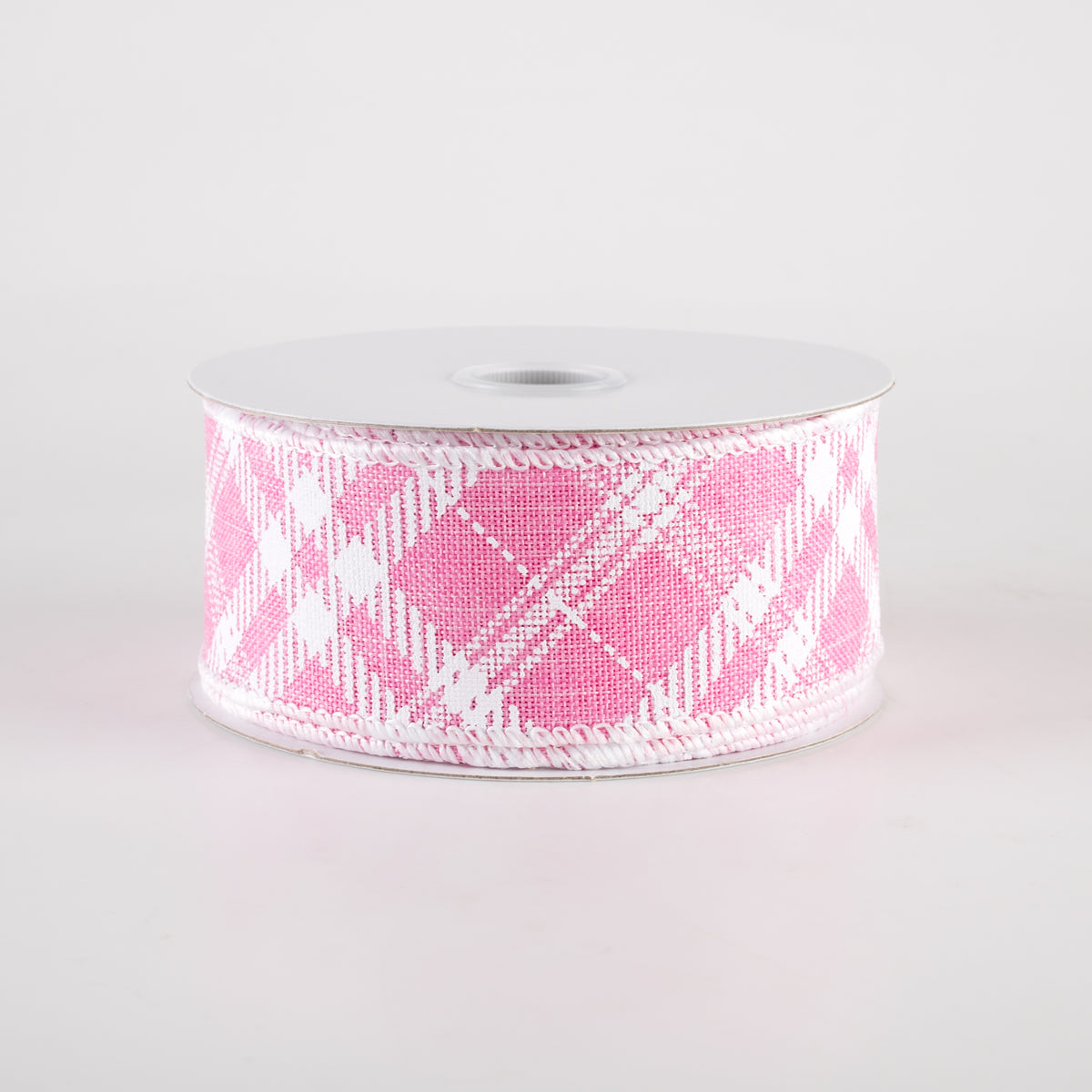 1.5" Linen Sandra Diagonal Plaid Ribbon: Pink (10 Yards)