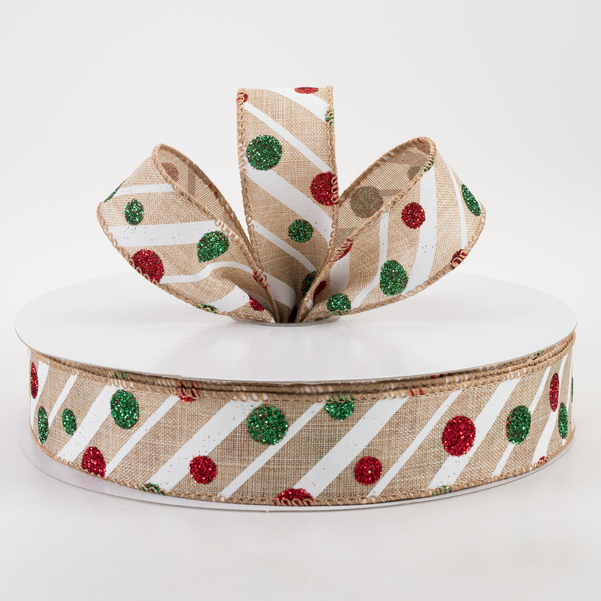 1.5" Linen Stripes and Glitter Dots Christmas Ribbon: Natural (50 Yards) Lifestyle Photo
