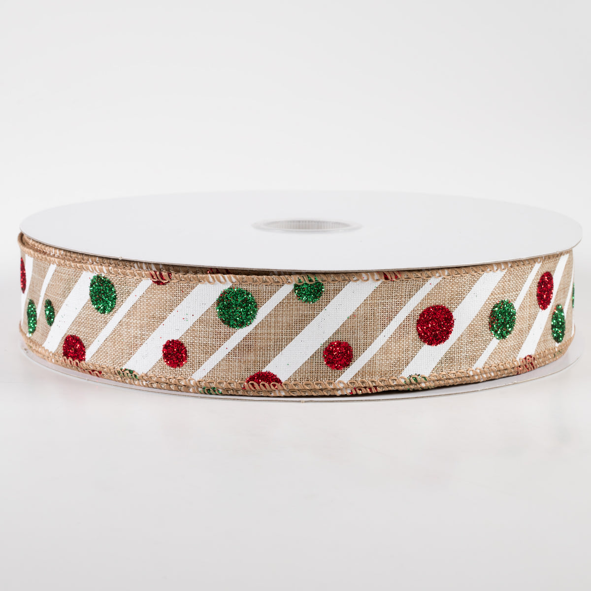 1.5" Linen Stripes and Glitter Dots Christmas Ribbon: Natural (50 Yards)