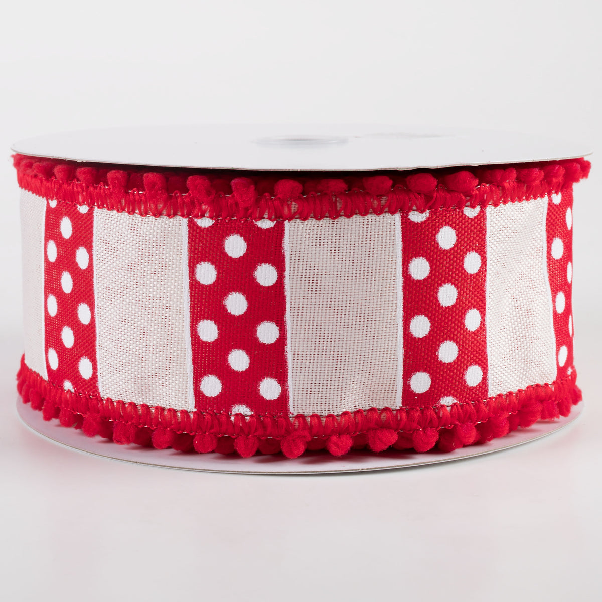2.5" Linen Stripes & Dots Pom Pom Edge Ribbon: Red & White (10 Yards) Item Number: 71332-40-12