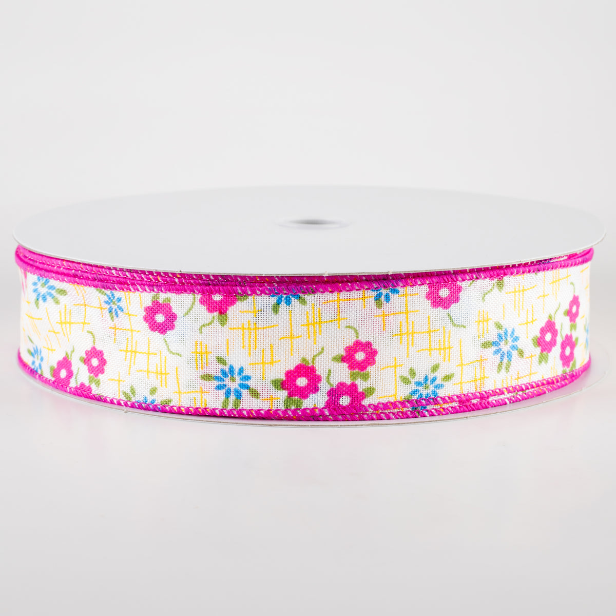 1.5" Linen Textured Flowers Ribbon: Fuchsia Pink, Yellow, Blue (50 Yards) Item Number: 841-09-439