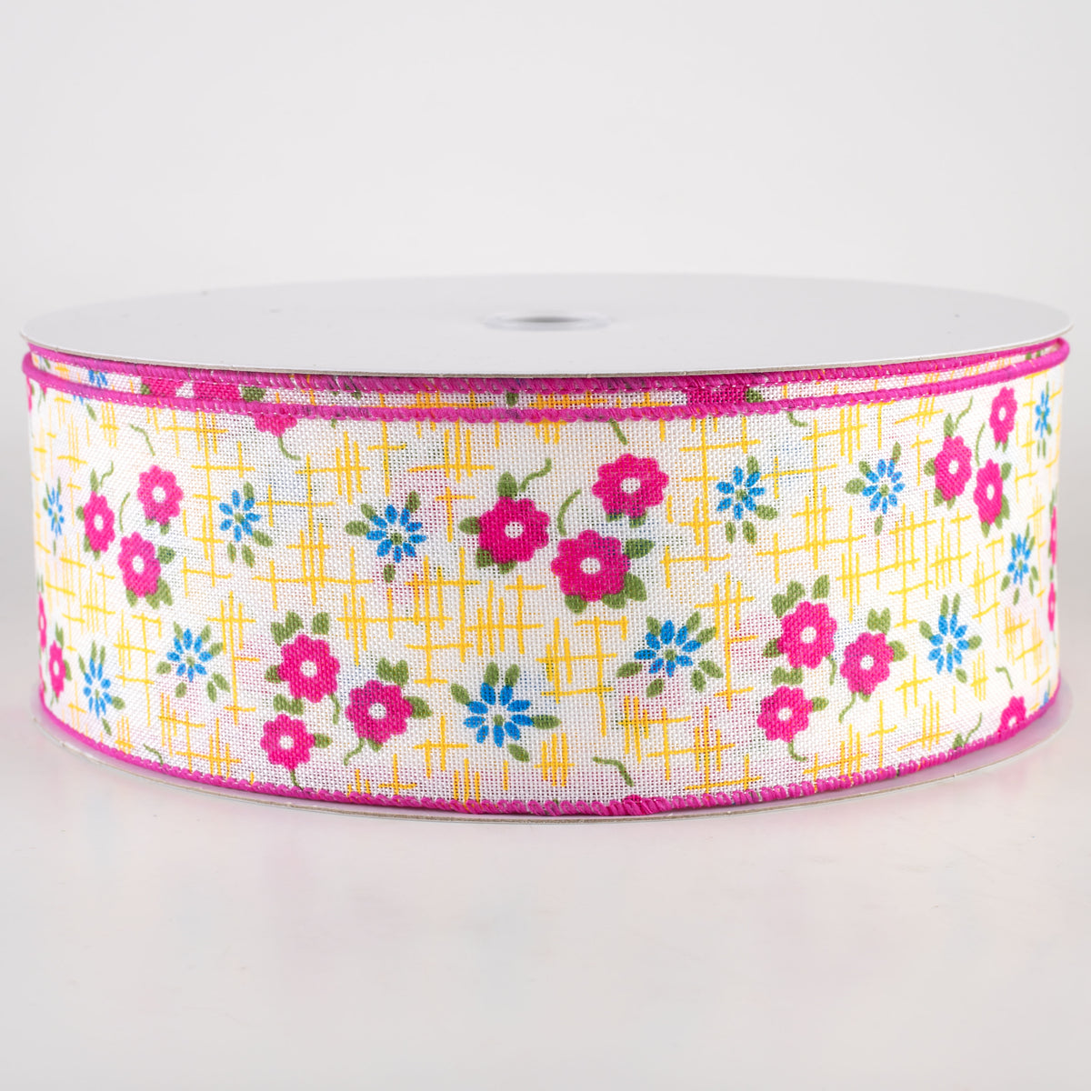 2.5" Linen Textured Flowers Ribbon: Fuchsia Pink, Yellow, Blue (50 Yards) Item Number: 841-40-439