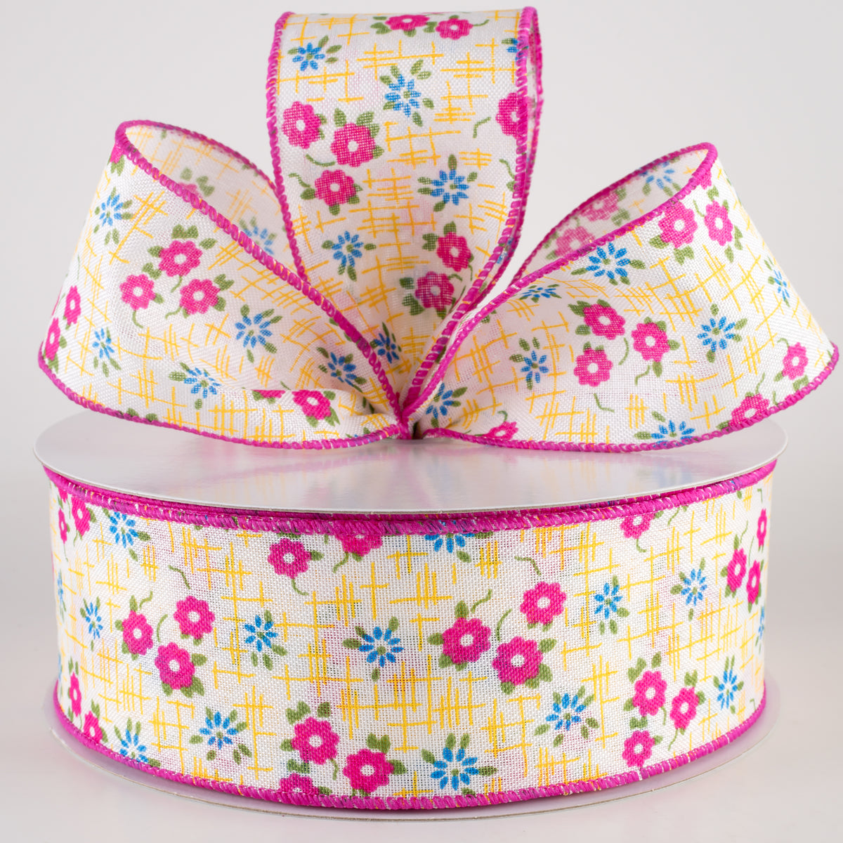 2.5" Linen Textured Flowers Ribbon: Fuchsia Pink, Yellow, Blue (50 Yards) Lifestyle Photo
