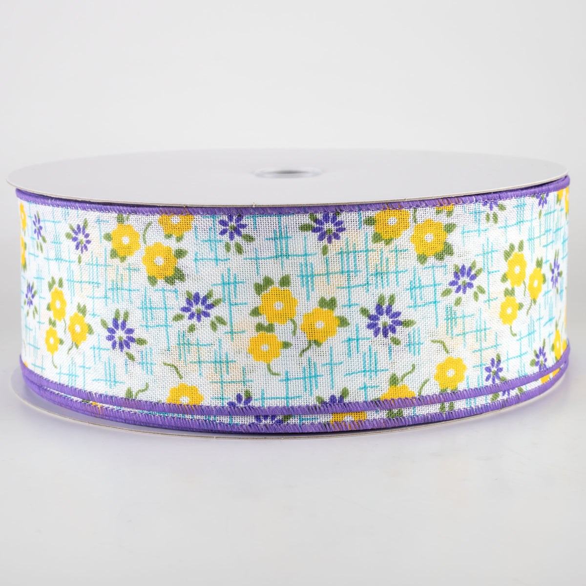 2.5" Linen Textured Flowers Ribbon: Purple, Yellow, Aqua Blue (50 Yards) Item Number: 841-40-438