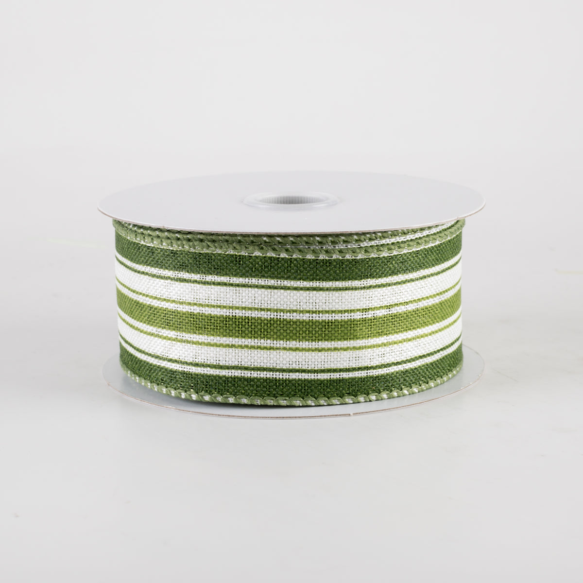 1.5" Linen Ticking Stripes Ribbon: White, Sage Green, Willow (10 Yards)
