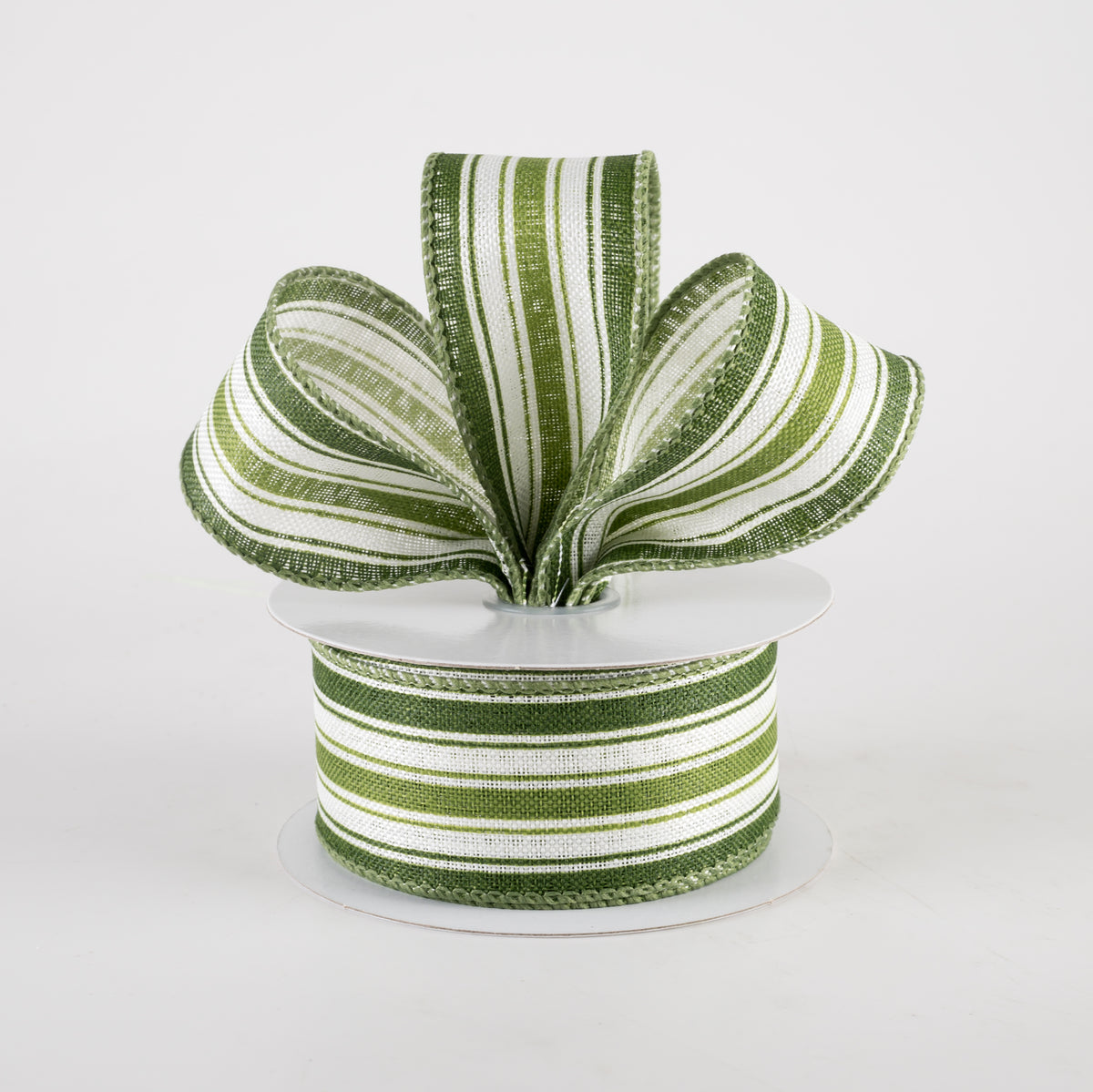 1.5" Linen Ticking Stripes Ribbon: White, Sage Green, Willow (10 Yards) Lifestyle Photo